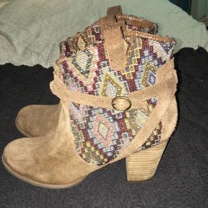 American Eagle Suede Tribal Print Heeled Booties